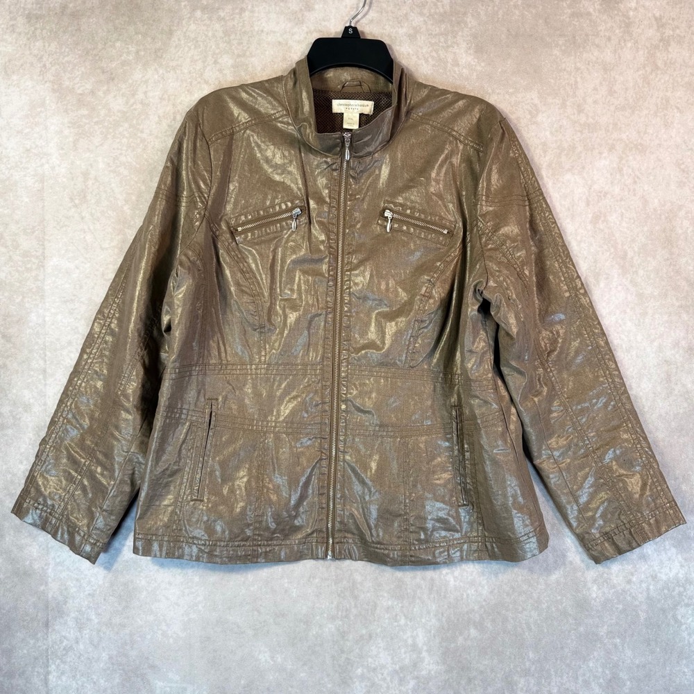 Christopher & Banks Jacket Womens PXL Bronze Metallic Solid Zip Up Linen Blend